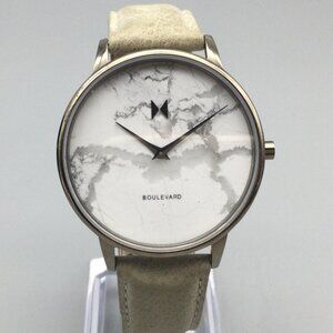 MVMT Crescent Marble Watch Women 38mm Silver Tone Date Leather Band New Battery